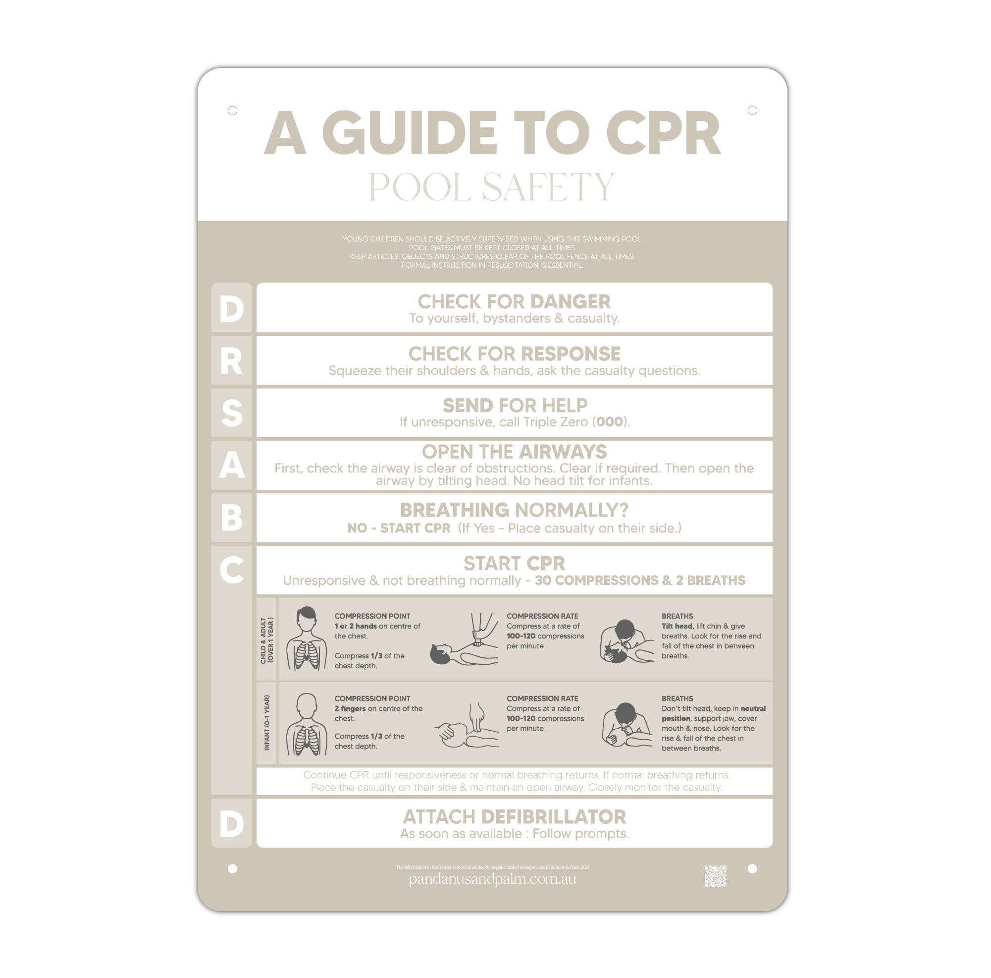 Designer Pool CPR Safety Sign | Beige | Pandanus and Palm Pty Ltd
