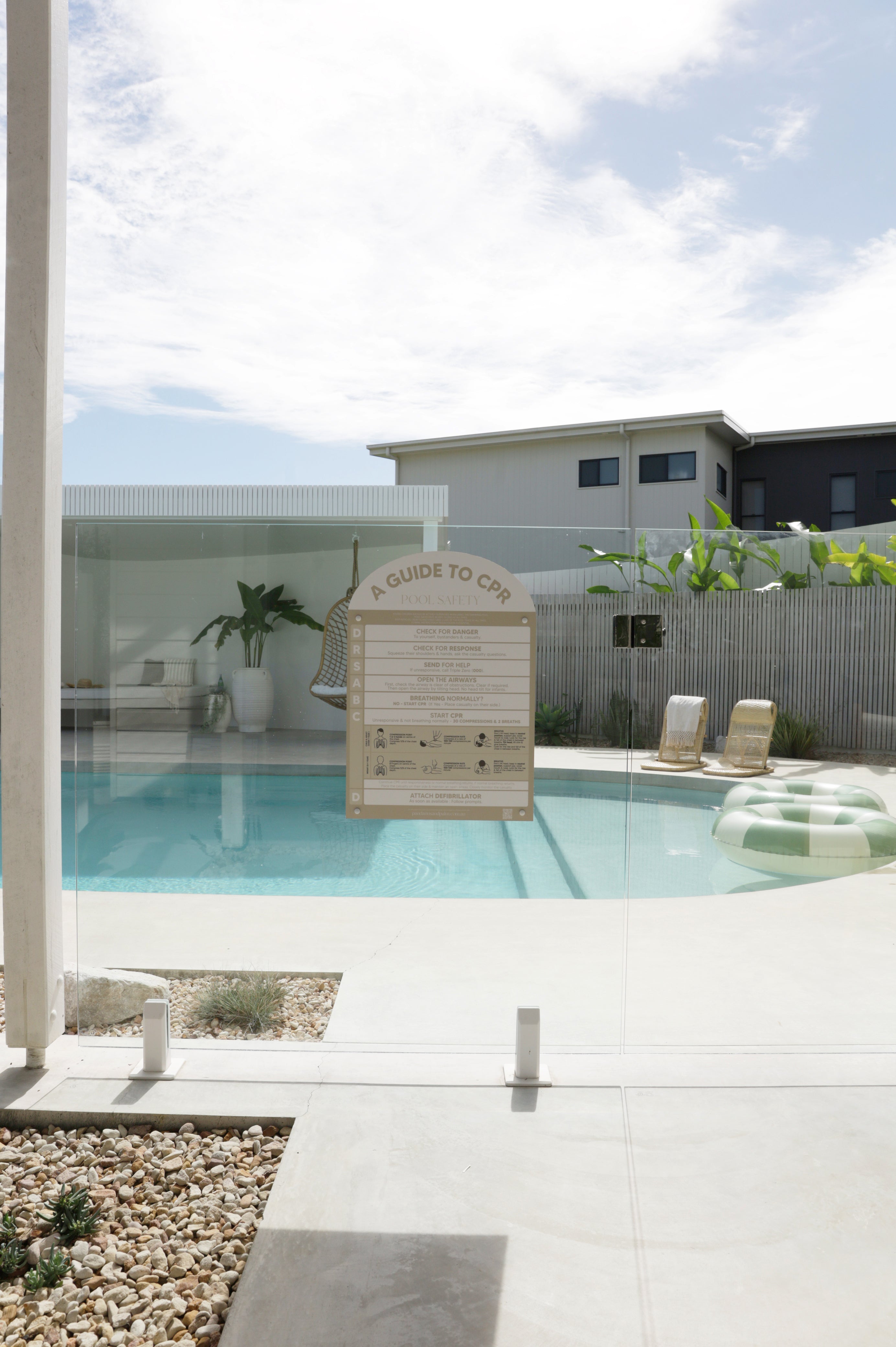 Arch Pool Signs Designer Pool CPR Safety Sign | Arch | Beige | Pandanus and Palm
