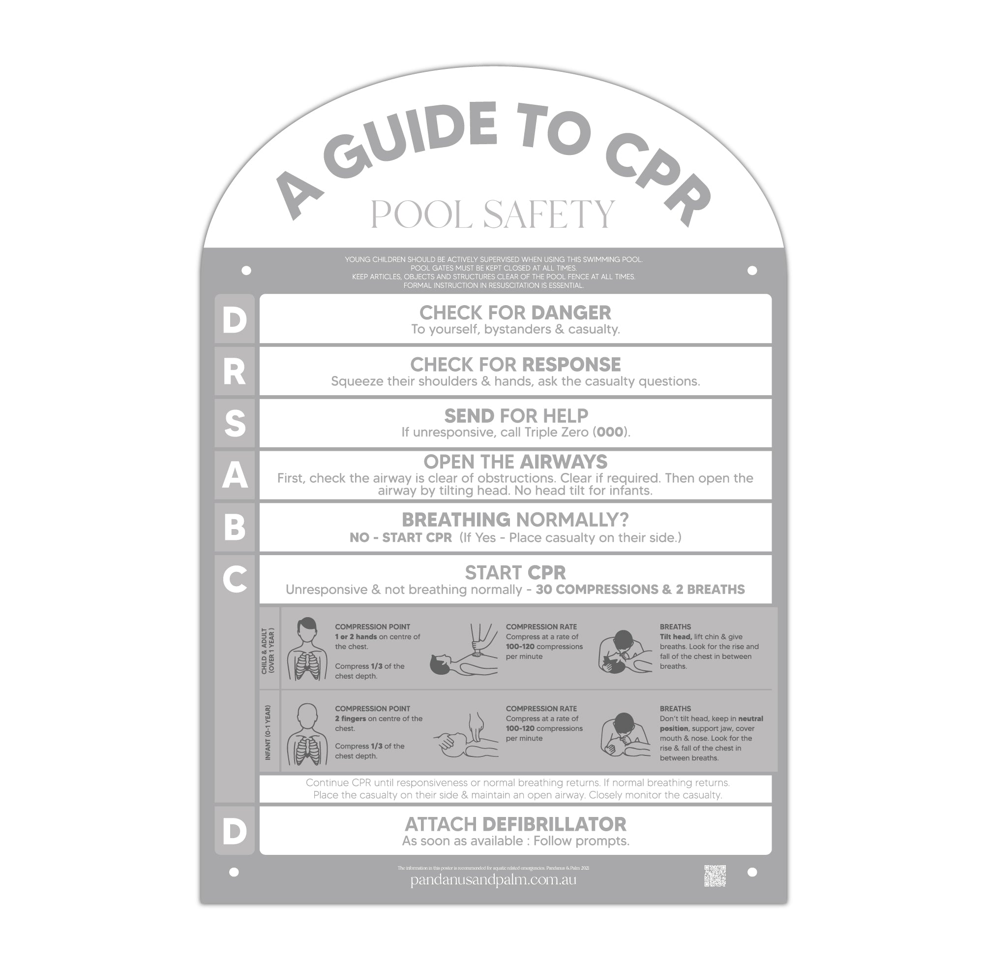 Pool Riser Sign Designer Pool CPR Safety Sign | Arch | Grey | Pandanus and Palm Pty Ltd