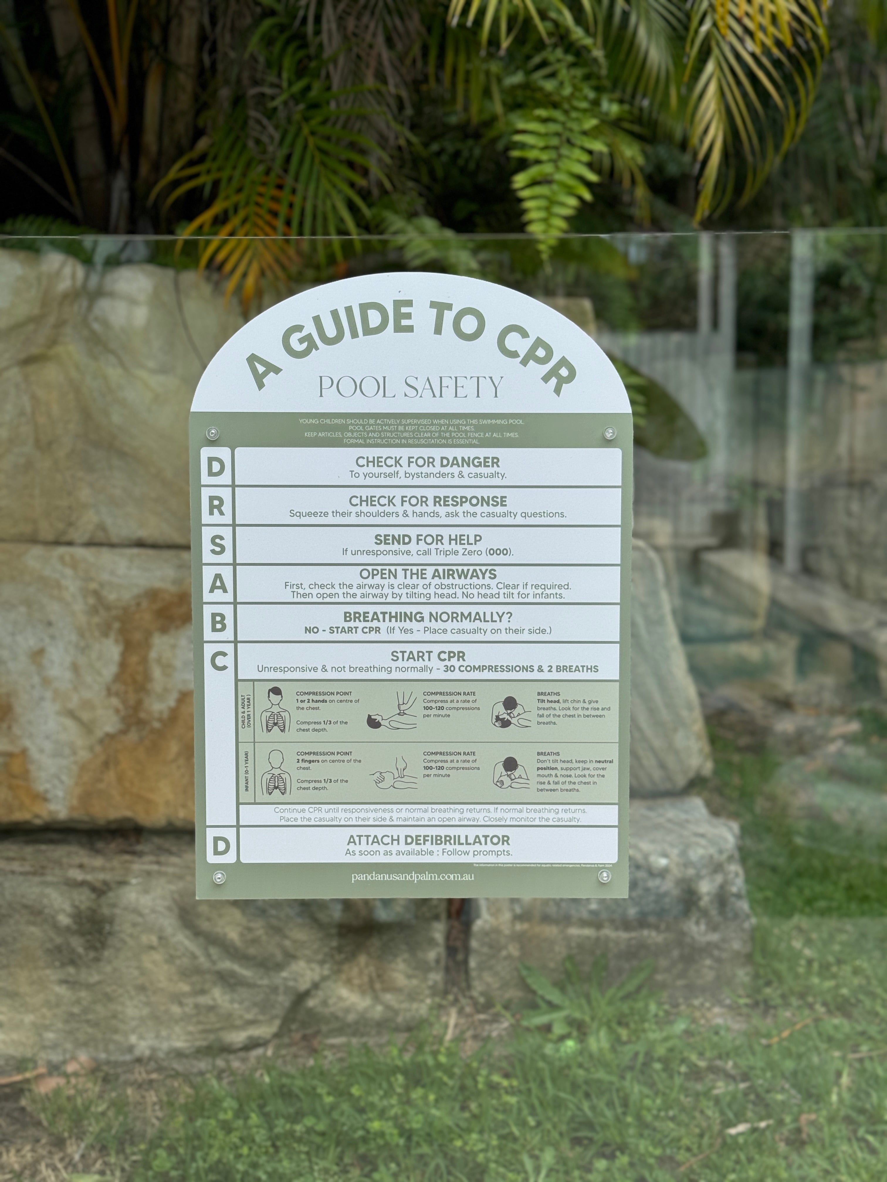 Pool CPR sign | Australian CPR pool sign | Arch | Green | On Glass 