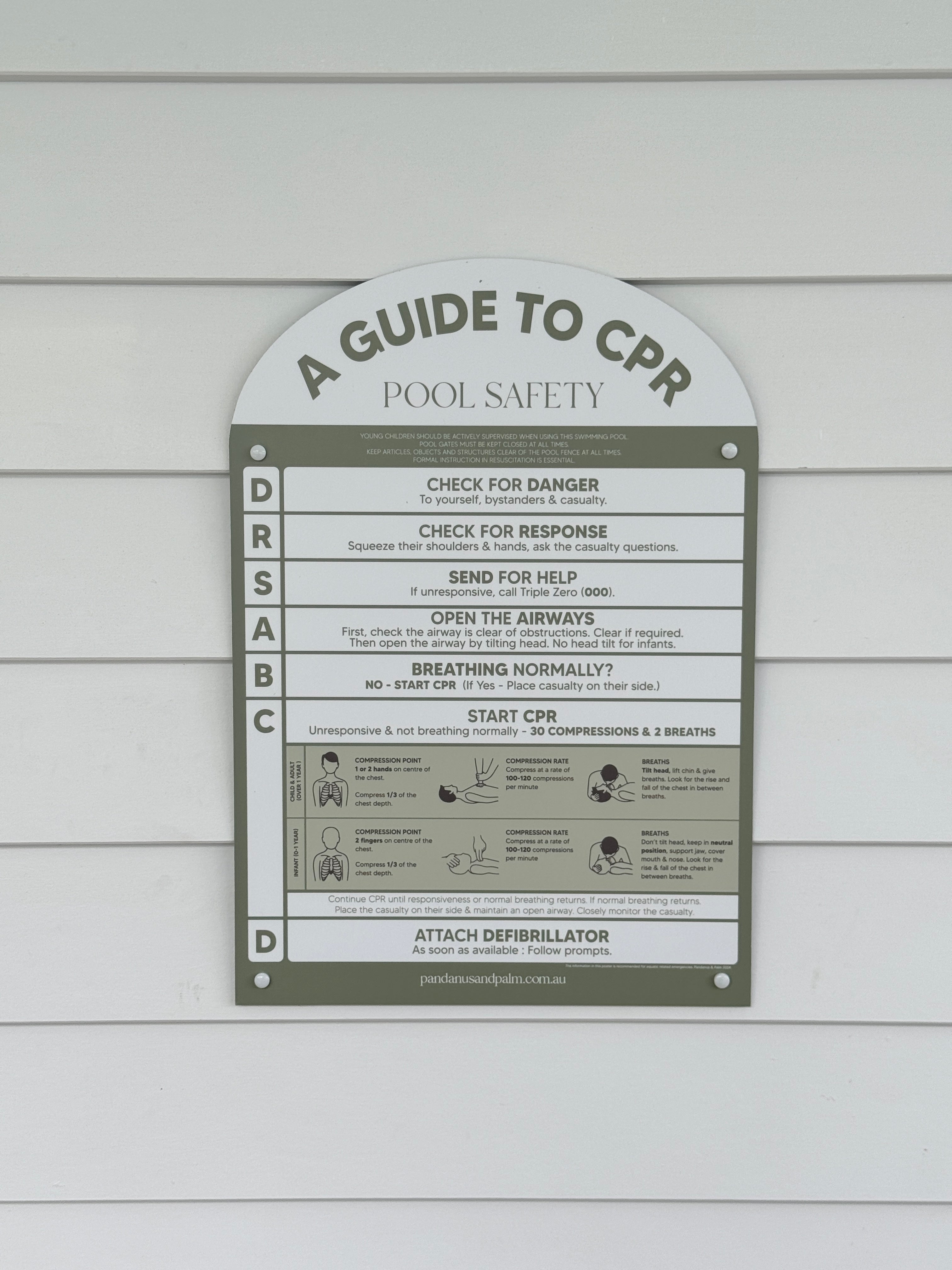 Pool CPR sign | Australian CPR pool sign | Arch | Green | On Weatherboard